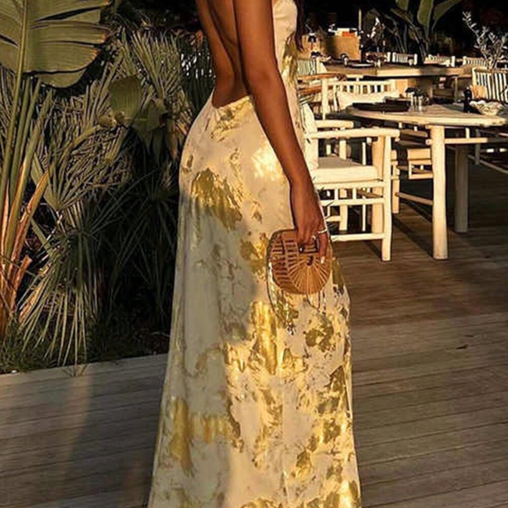 Apricot Elegant Women's Backless V-Neck Dress - Picture 2 of 9